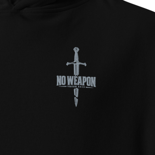 Close-up of black No Weapon Isaiah 54:17 premium embroidered Christian hoodie with silver sword chest embroidery.