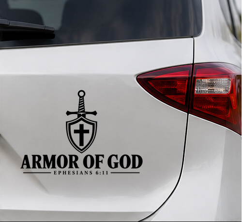 Black Armor of God Christian vinyl decal applied to the rear panel of a white vehicle for high-contrast display