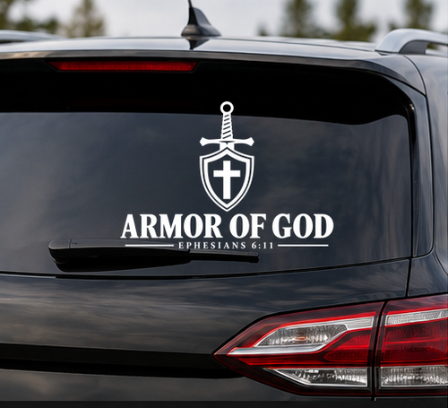 White Armor of God Ephesians 6:11 Christian vinyl decal displayed on a dark tinted SUV rear window