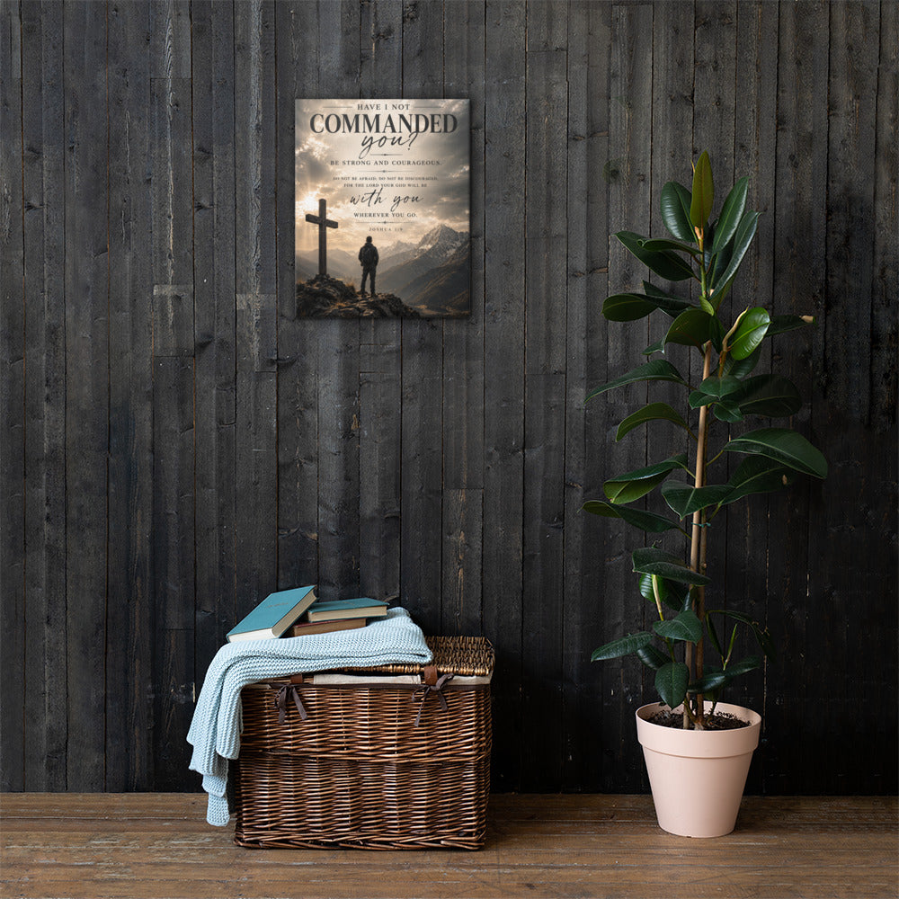 Joshua 1:9 Christian canvas wall art displayed on dark wood wall with Be Strong and Courageous design