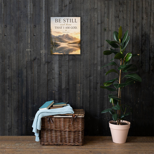 Psalm 46:10 Christian canvas wall art featuring Be Still and Know with mountain lake scenery