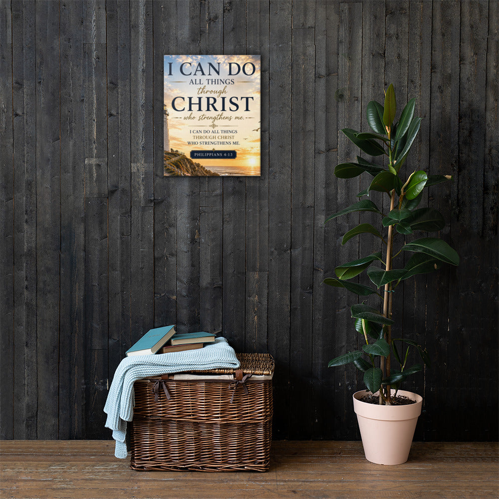 Philippians 4:13 Christian canvas wall art with lighthouse displayed on dark wood wall