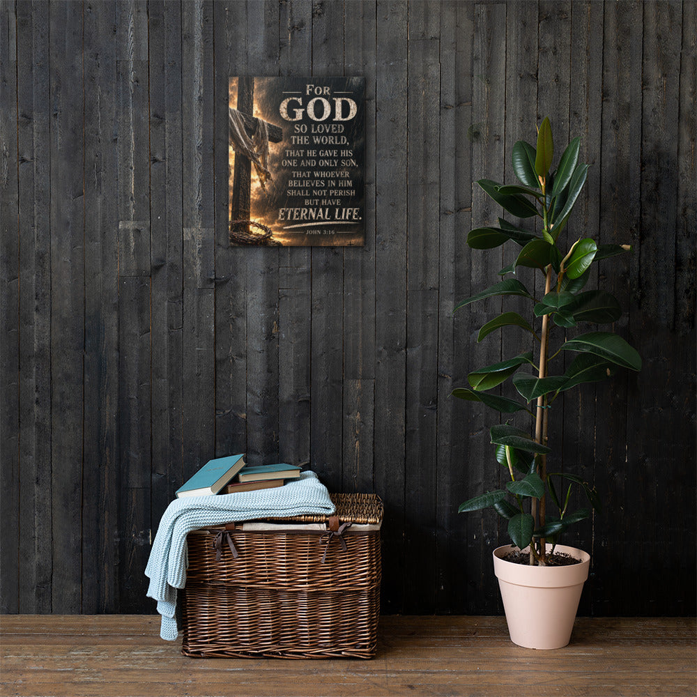 John 3:16 Christian cross canvas wall art displayed large on dark wood wall