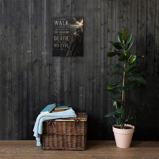 Psalm 23:4 Christian knight canvas wall art displayed large on dark wood wall