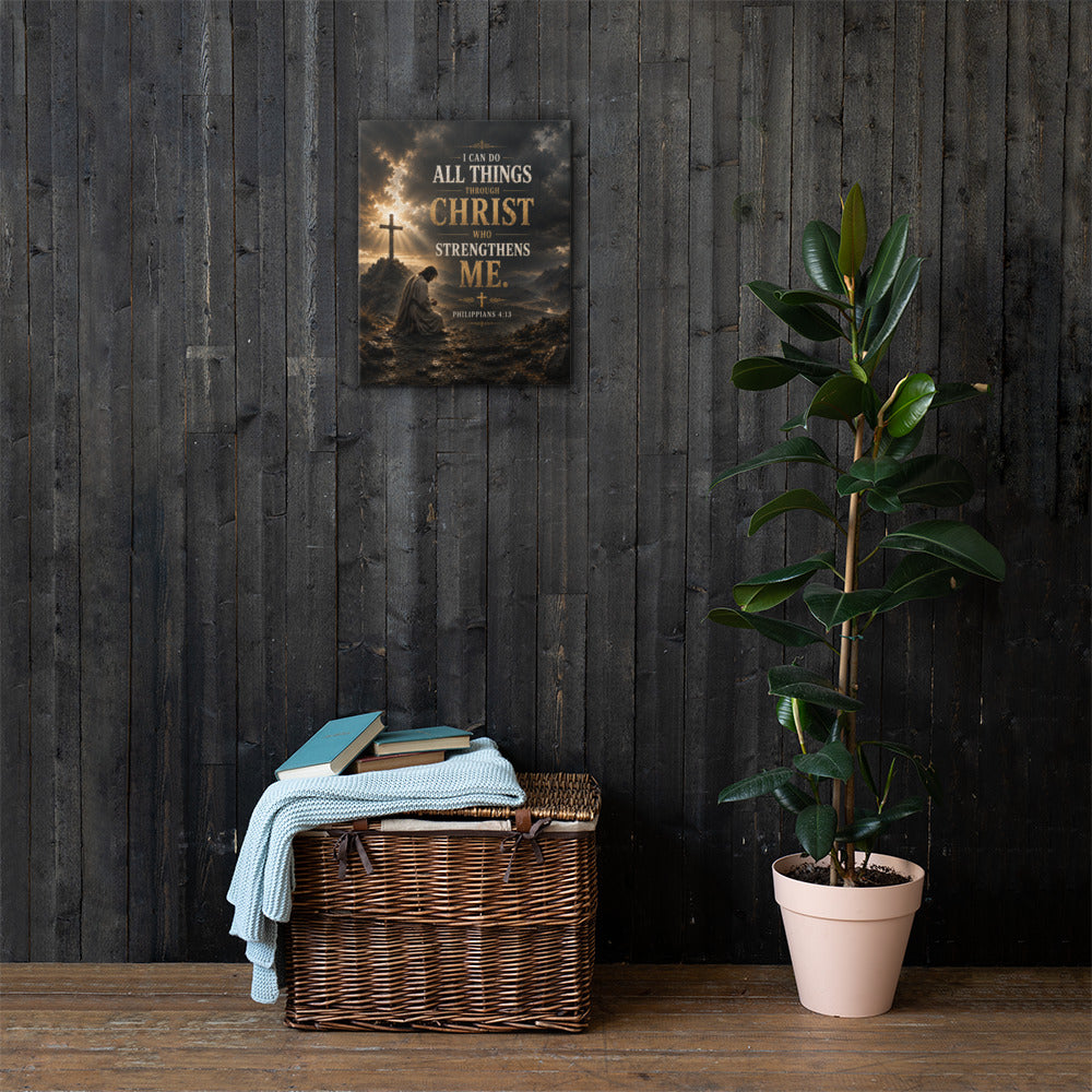 Philippians 4:13 Christian canvas wall art displayed large on dark wood wall