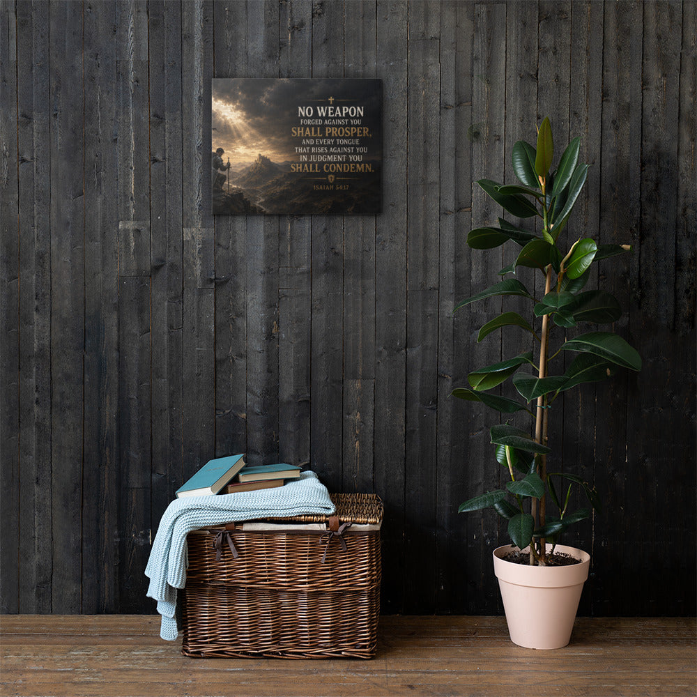Isaiah 54:17 No Weapon Shall Prosper Christian canvas wall art displayed on dark wood wall