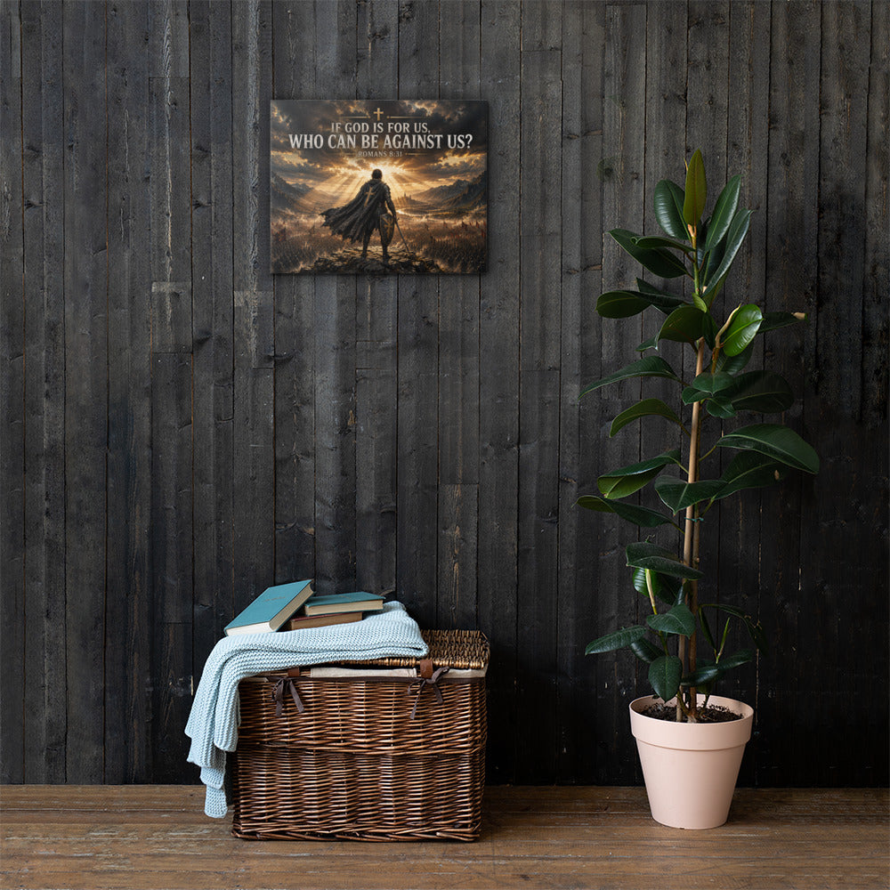 Romans 8:31 If God Is For Us Christian canvas wall art with warrior facing an army on dark wood wall