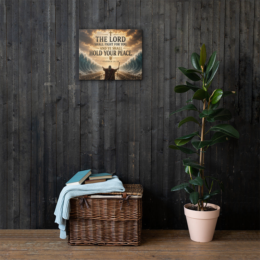 Exodus 14:14 Christian canvas wall art featuring Moses and the parted Red Sea displayed on dark wood wall