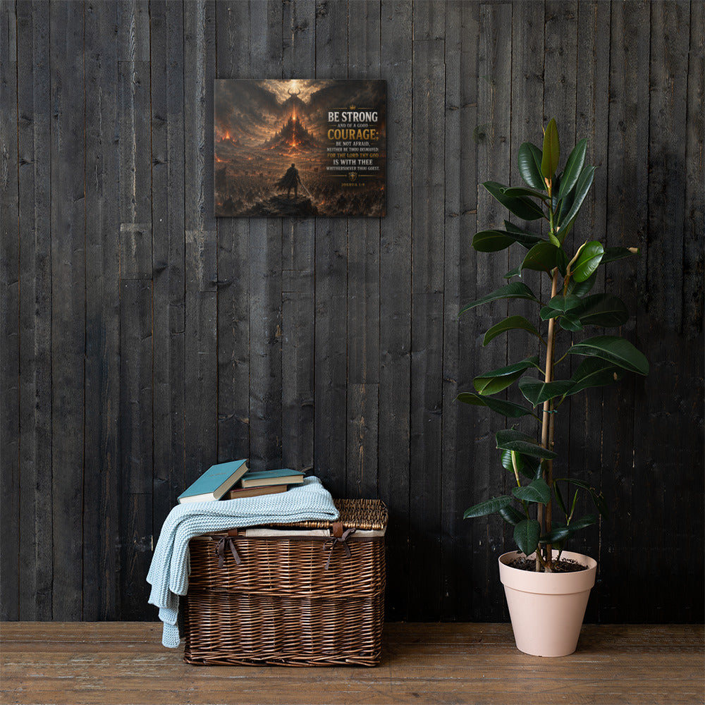 Joshua 1:9 Be Strong and Courageous Christian canvas wall art featuring a lone warrior facing an overwhelming army