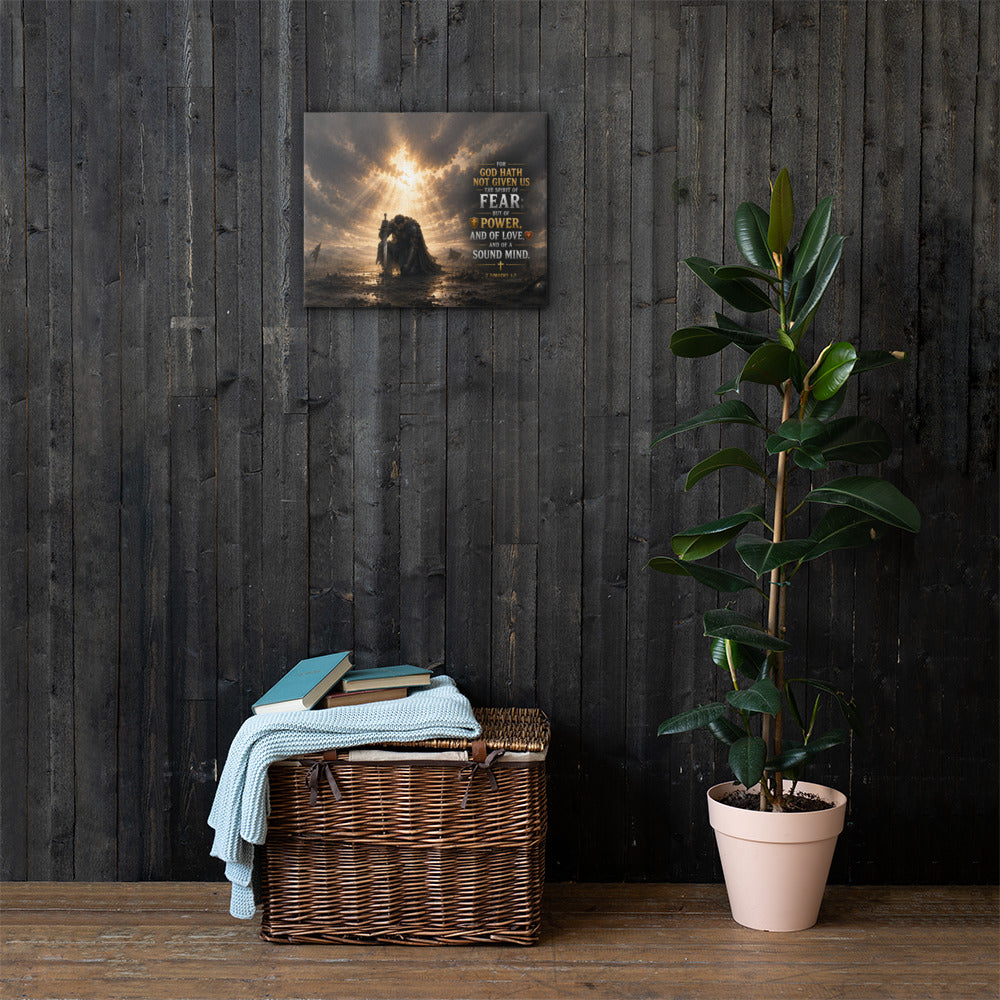 2 Timothy 1:7 Christian canvas wall art featuring a kneeling warrior beneath breaking divine light