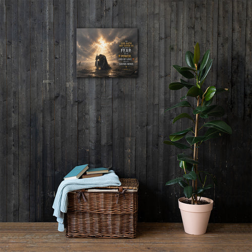2 Timothy 1:7 Christian canvas wall art featuring a kneeling warrior beneath breaking divine light