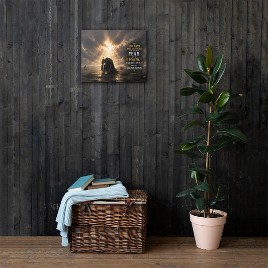 2 Timothy 1:7 Christian canvas wall art featuring a kneeling warrior beneath breaking divine light