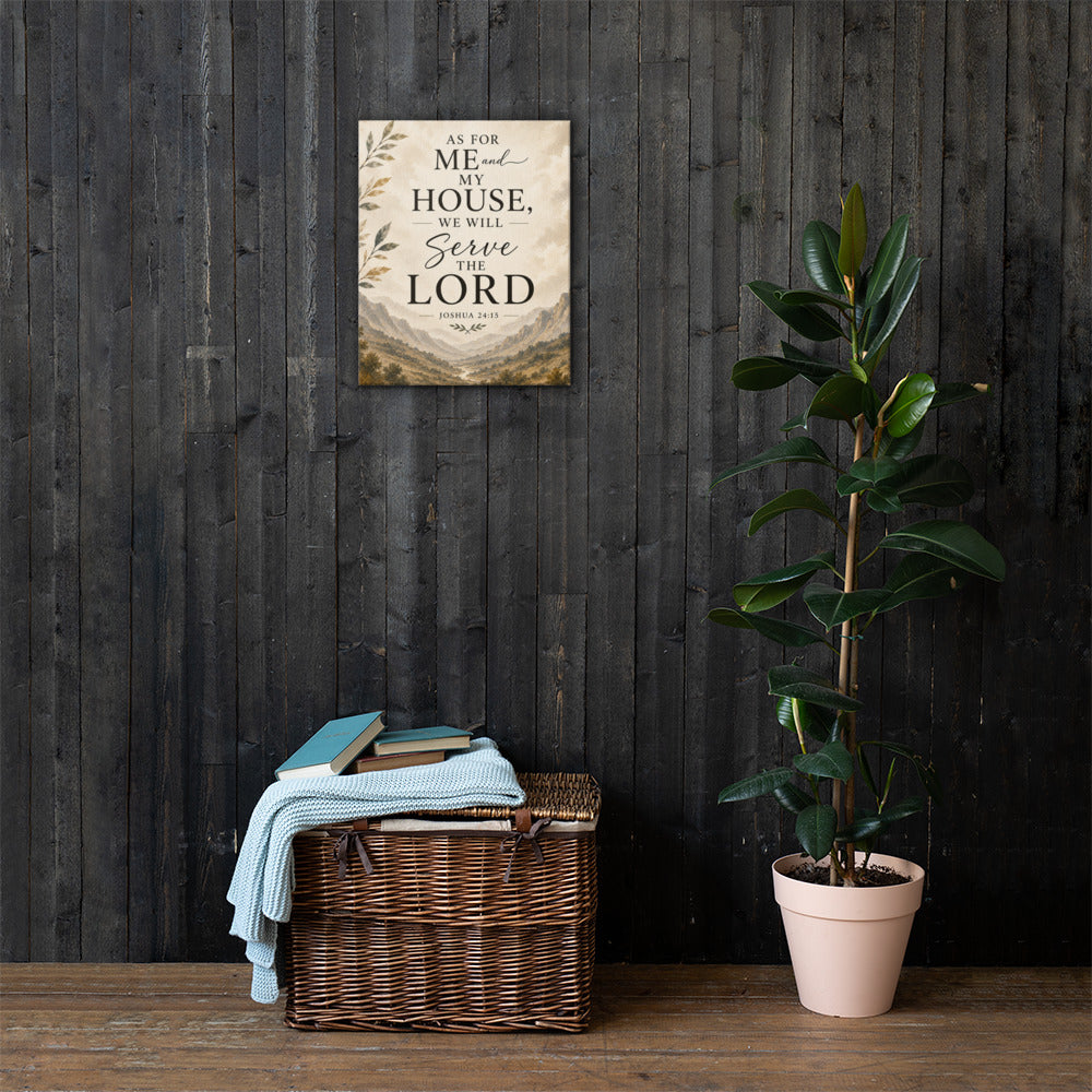 As for Me and My House Joshua 24:15 Christian canvas wall art displayed on dark wood wall