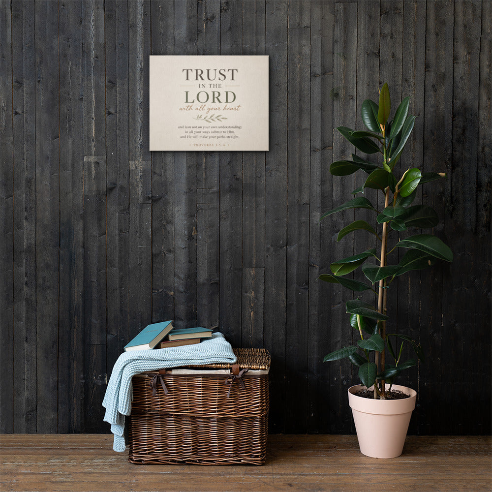 Trust in the Lord Proverbs 3:5–6 Christian canvas wall art displayed on dark wood wall