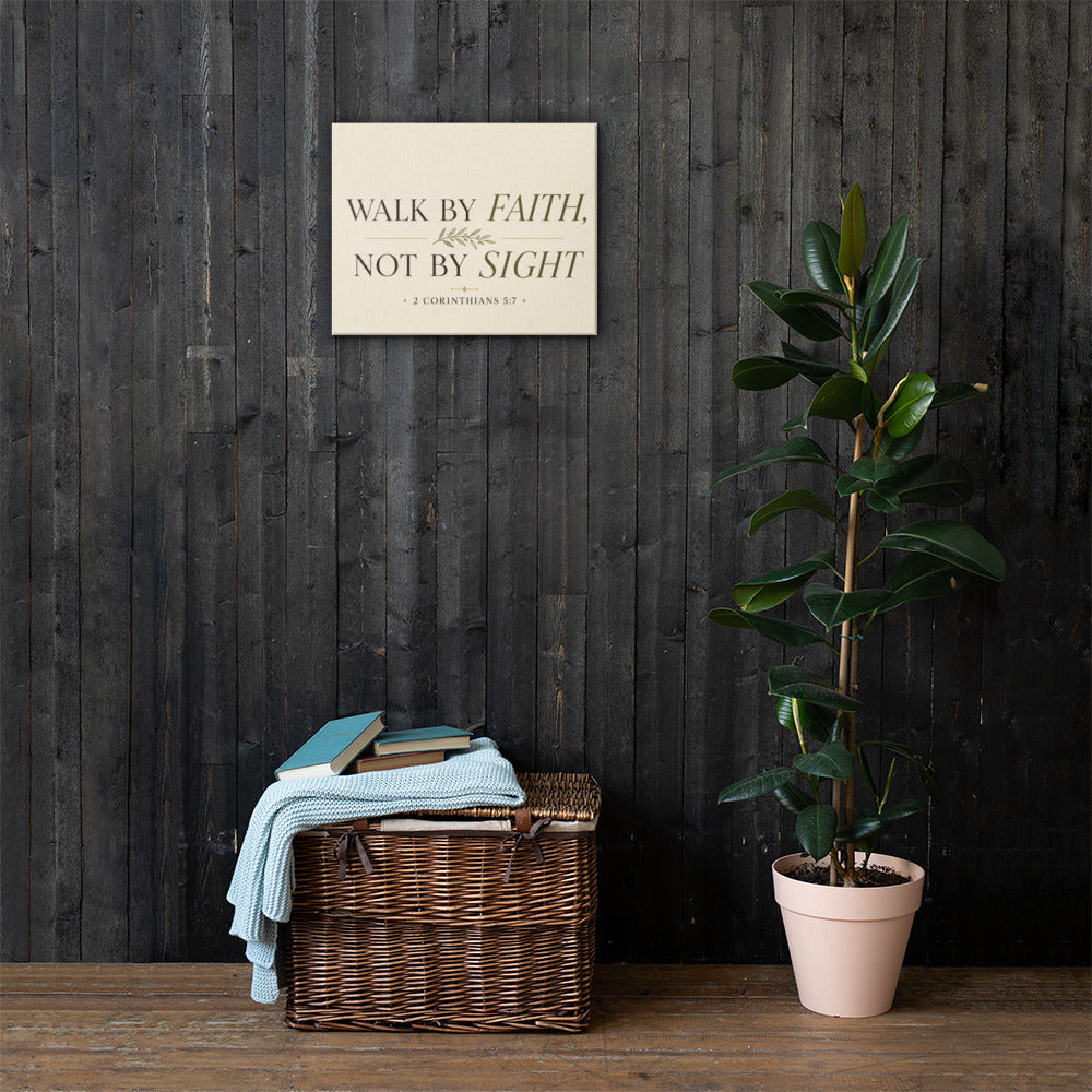 Walk by Faith 2 Corinthians 5:7 Christian canvas wall art displayed on dark wood wall