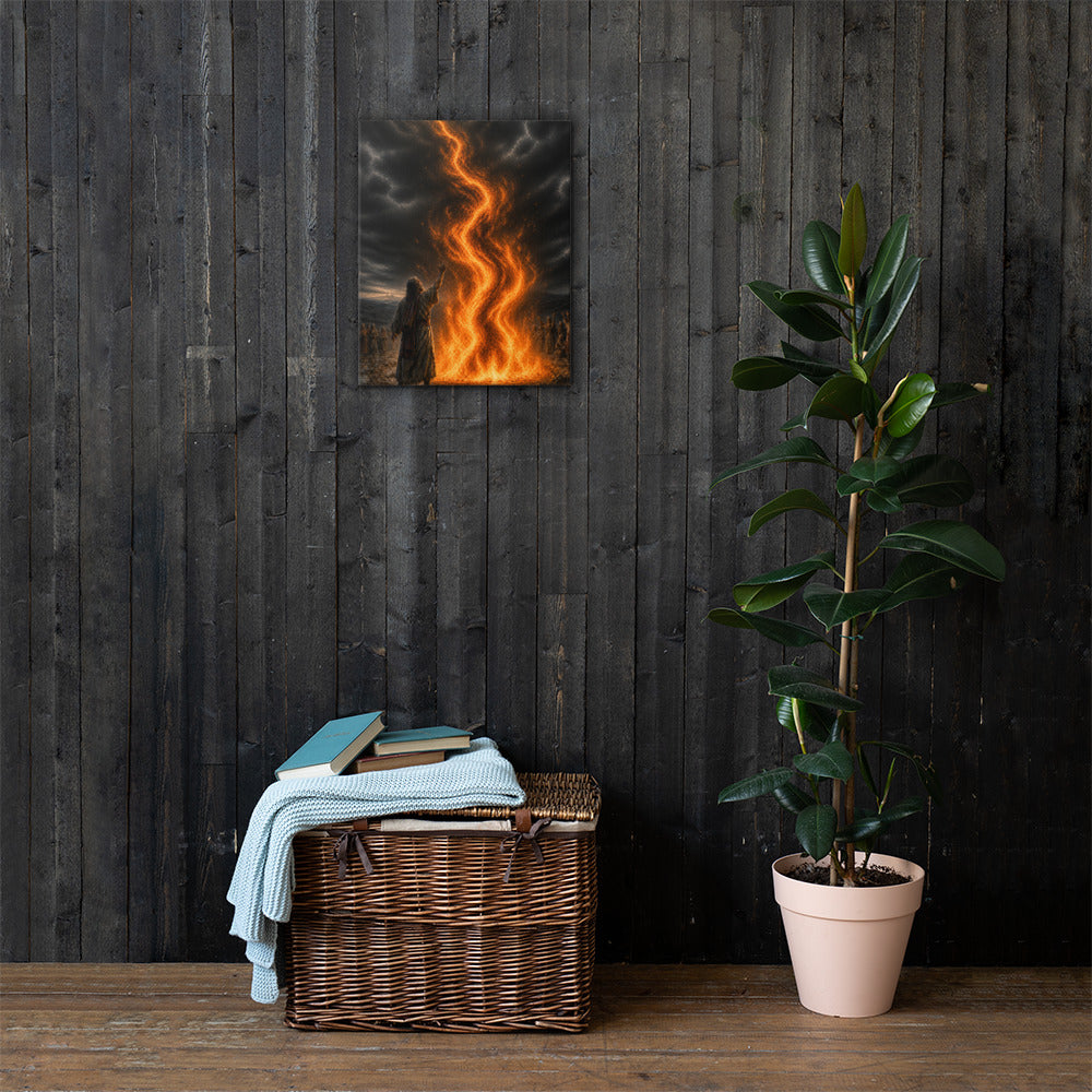 Elijah Calls Down Fire 1 Kings 18 Christian canvas wall art displayed on dark wood wall