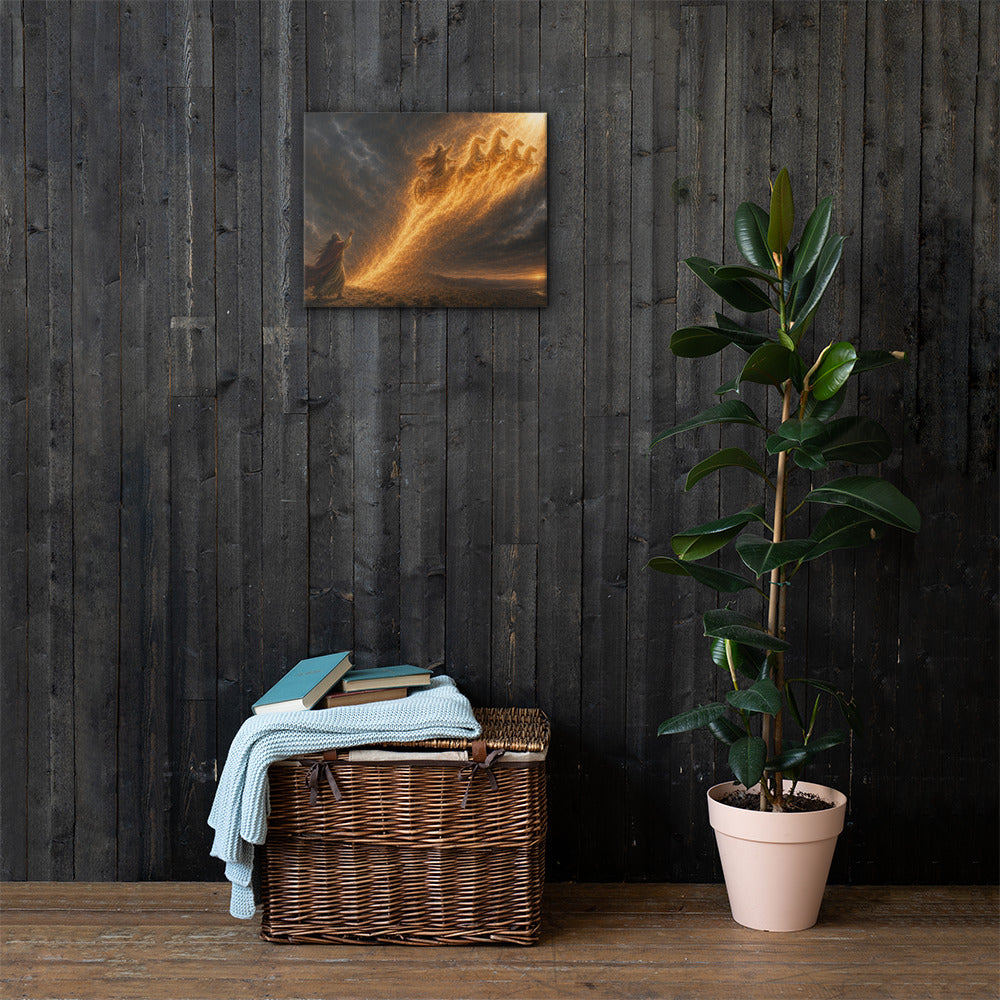 Elijah Chariot of Fire 2 Kings 2:11 Christian canvas wall art displayed on dark wood wall