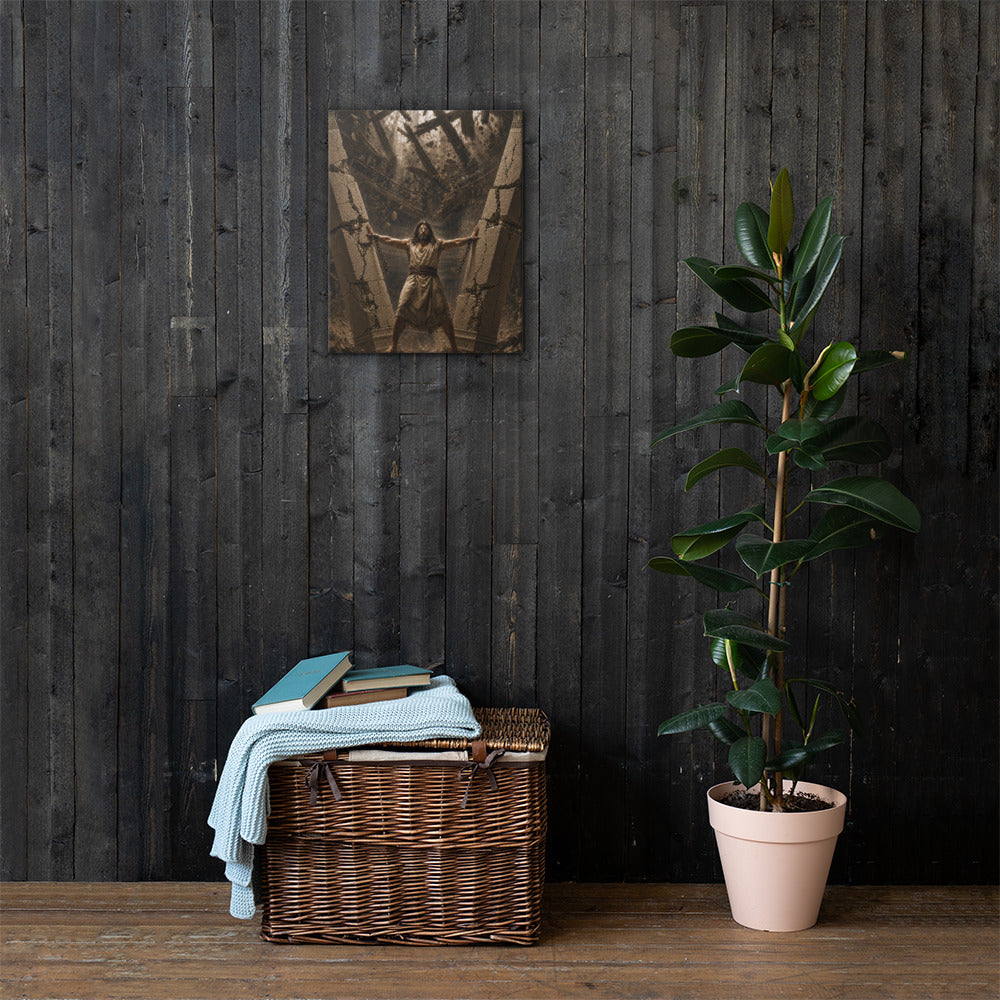 Samson Brings Down the Temple Judges 16 Christian canvas wall art displayed on dark wood wall
