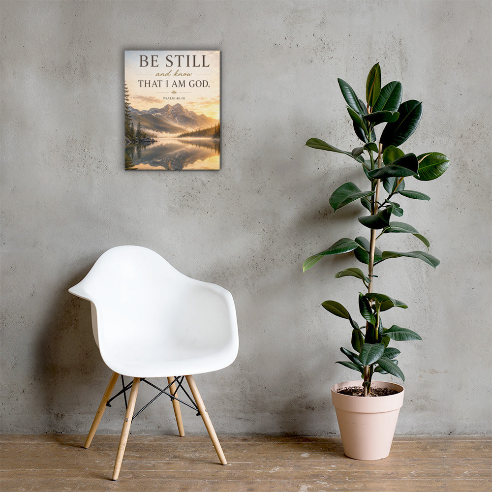 Psalm 46:10 Bible verse canvas wall art displayed in a modern Christian home interior