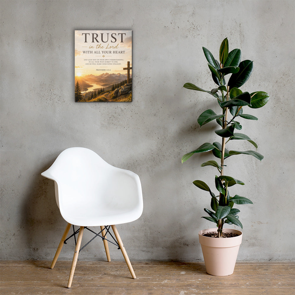 Proverbs 3:5–6 faith wall art canvas displayed in a modern Christian home interior
