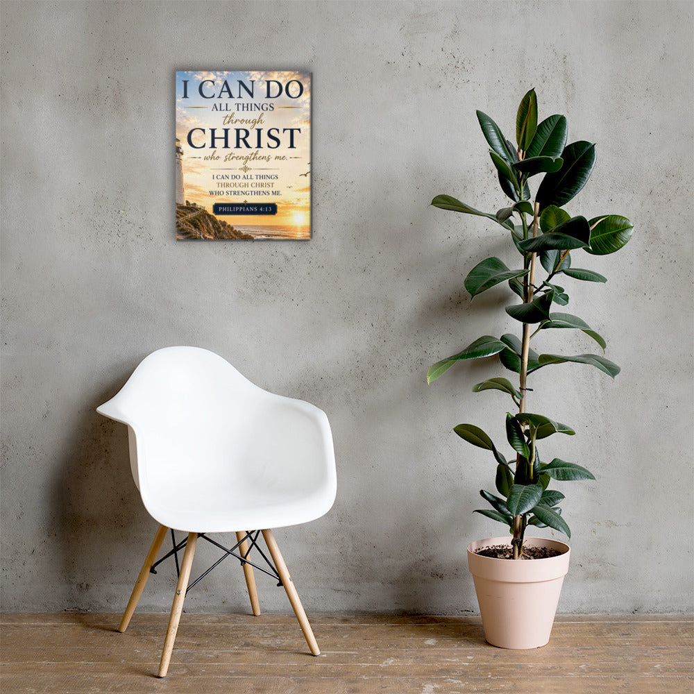 Philippians 4:13 Christian wall art with lighthouse displayed beside white chair and green plant