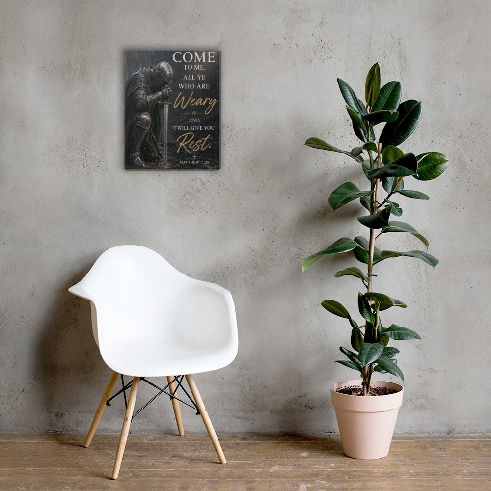 Matthew 11:28 Christian warrior wall art displayed large beside white chair and plant