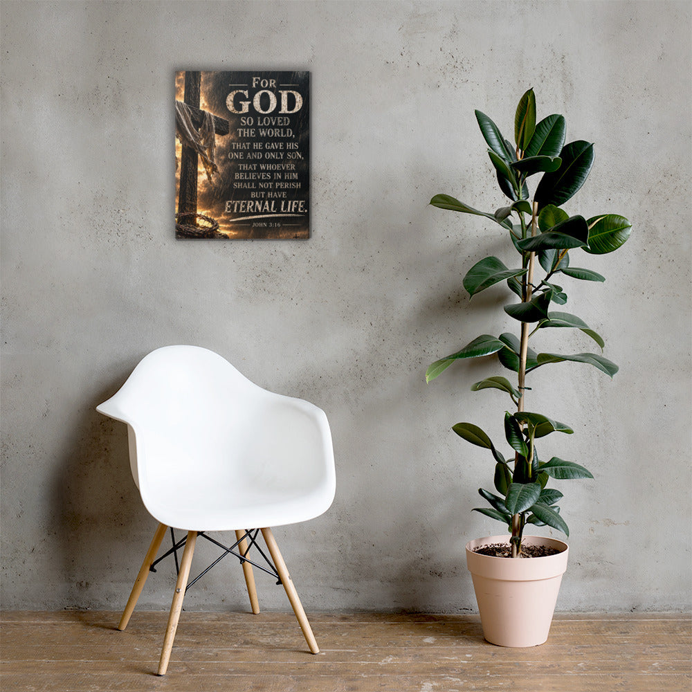 A framed wall art print with a Bible verse hangs on a textured gray concrete wall above a white molded chair and next to a potted fiddle-leaf fig plant.