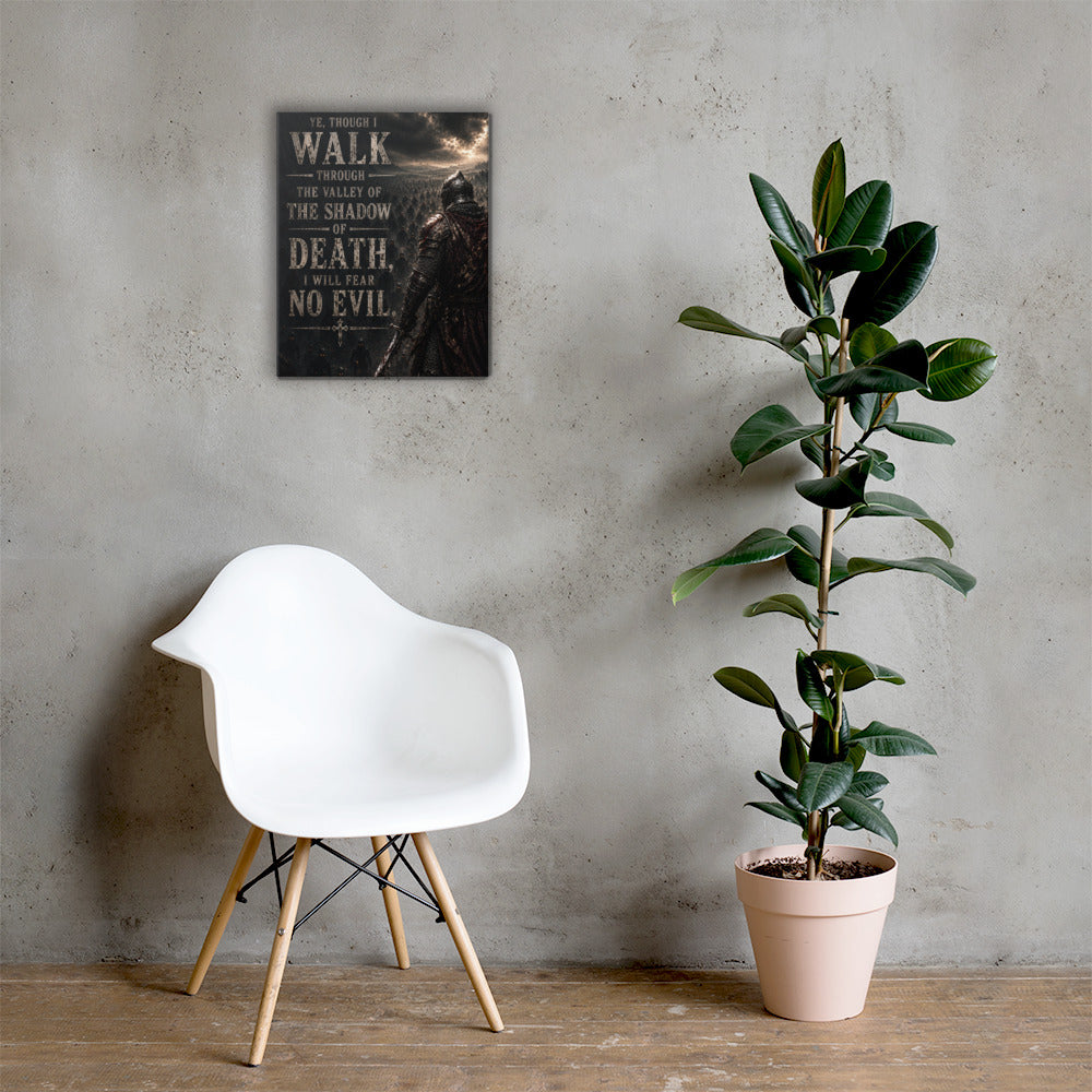 Valley of the Shadow of Death Christian knight wall art displayed large beside white chair and green plant