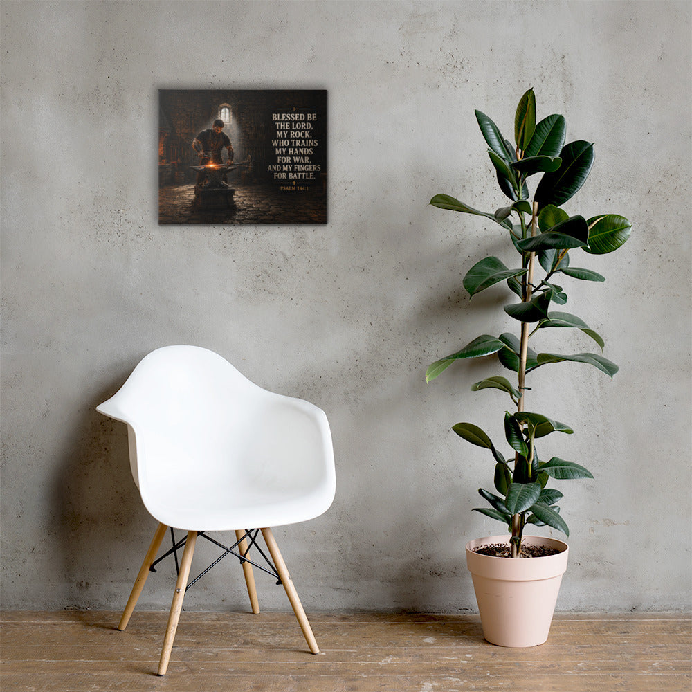 Christian blacksmith wall art inspired by Psalm 144:1 displayed beside white chair and plant