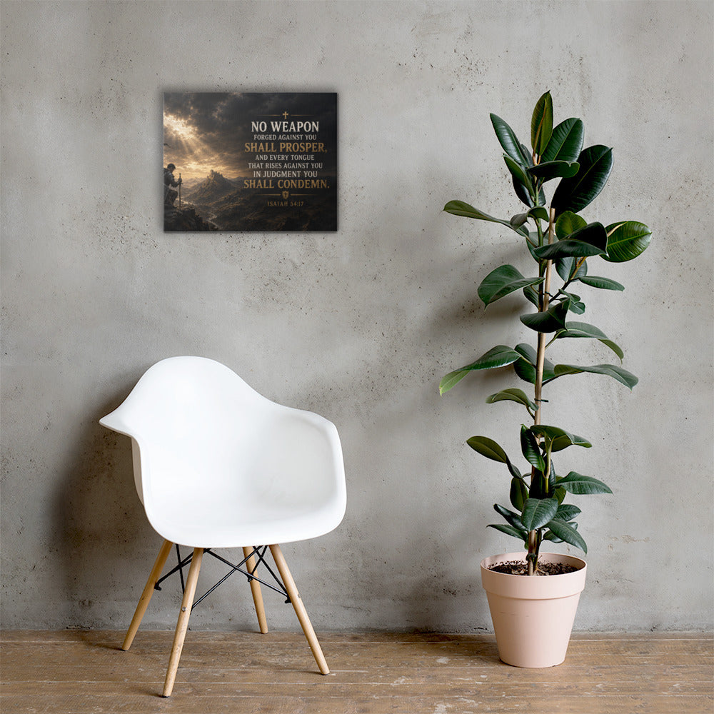 Christian warrior wall art inspired by Isaiah 54:17 displayed beside white chair and plant