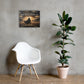 Romans 8:31 Christian wall art with warrior and battlefield displayed beside white chair and plant