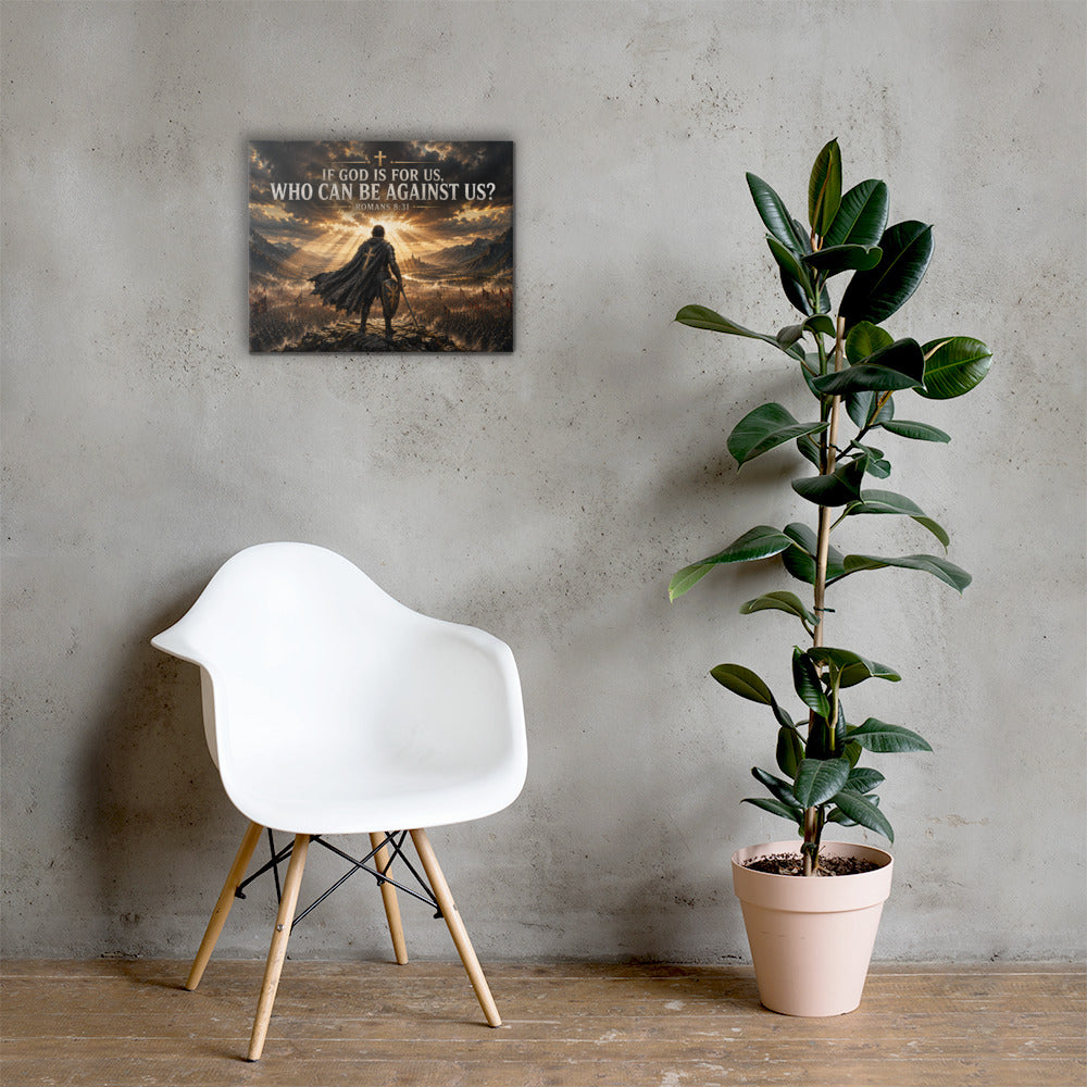 Romans 8:31 Christian wall art with warrior and battlefield displayed beside white chair and plant