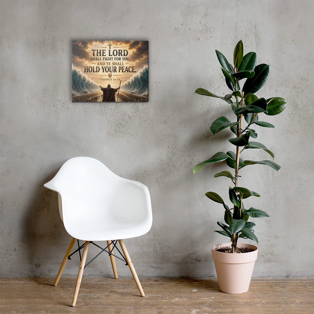 Christian Red Sea wall art inspired by Exodus 14:14 displayed beside white chair and plant