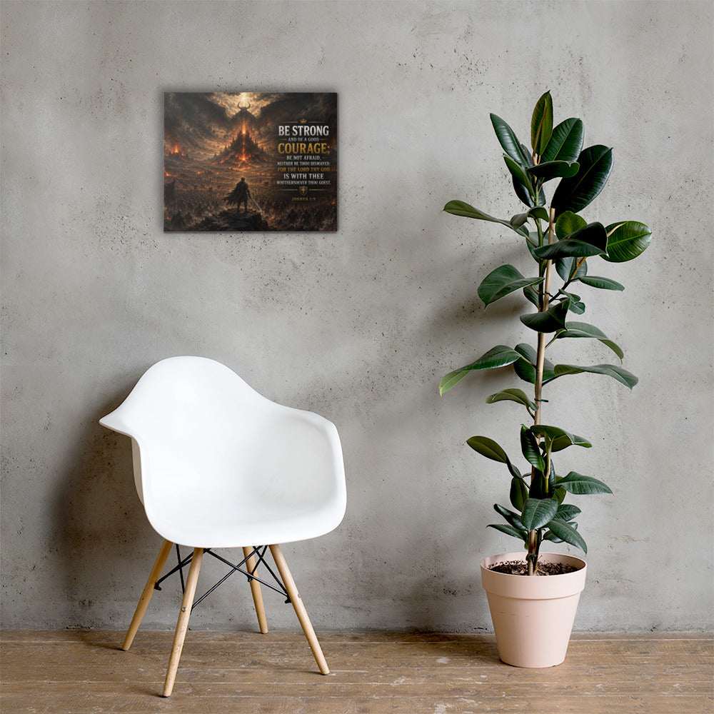 Joshua 1:9 Christian courage wall art displayed beside white chair and plant