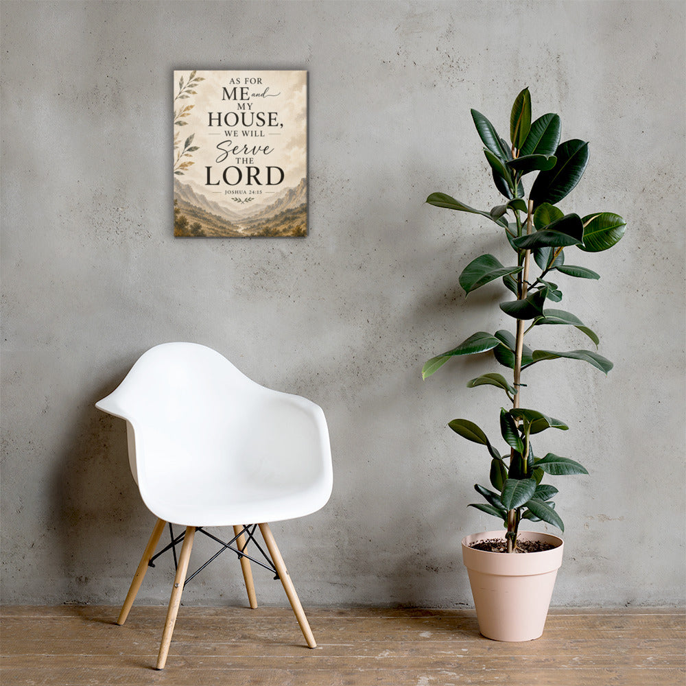 Joshua 24:15 Christian wall art displayed in bright neutral interior with chair and houseplant