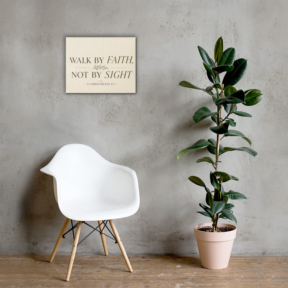2 Corinthians 5:7 Christian wall art displayed in bright neutral interior with chair and houseplant