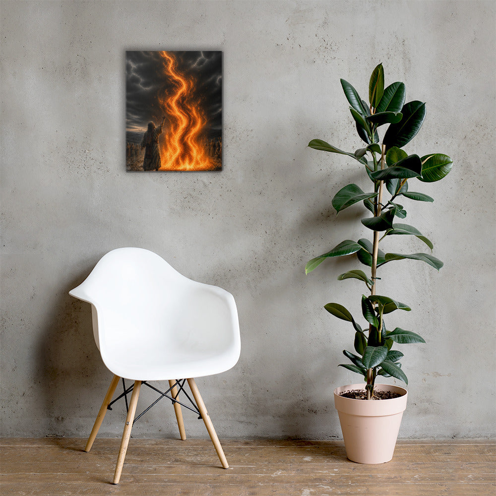 Elijah Calls Down Fire Christian wall art displayed in bright neutral interior with chair and houseplant