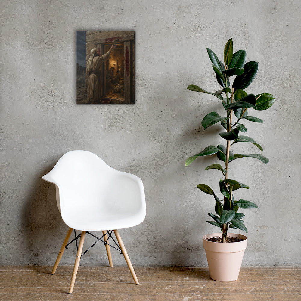 First Passover Christian wall art displayed in bright neutral interior with chair and houseplant