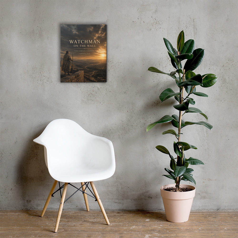Christian Watchman on the Wall canvas displayed in a minimalist room with chair and plant