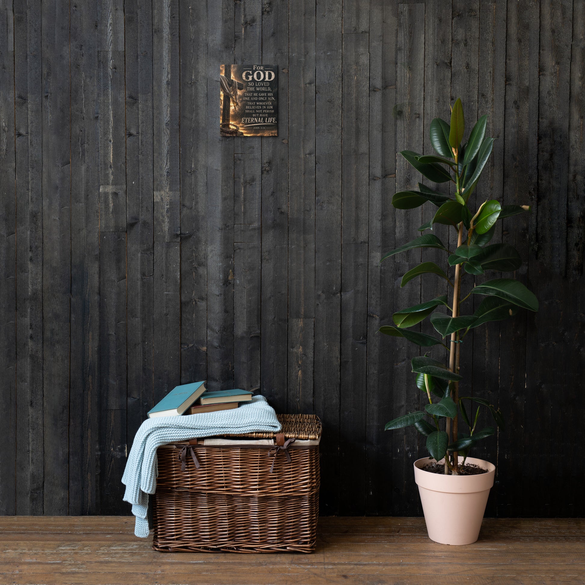 For God So Loved the World Christian cross canvas displayed small on dark wood wall