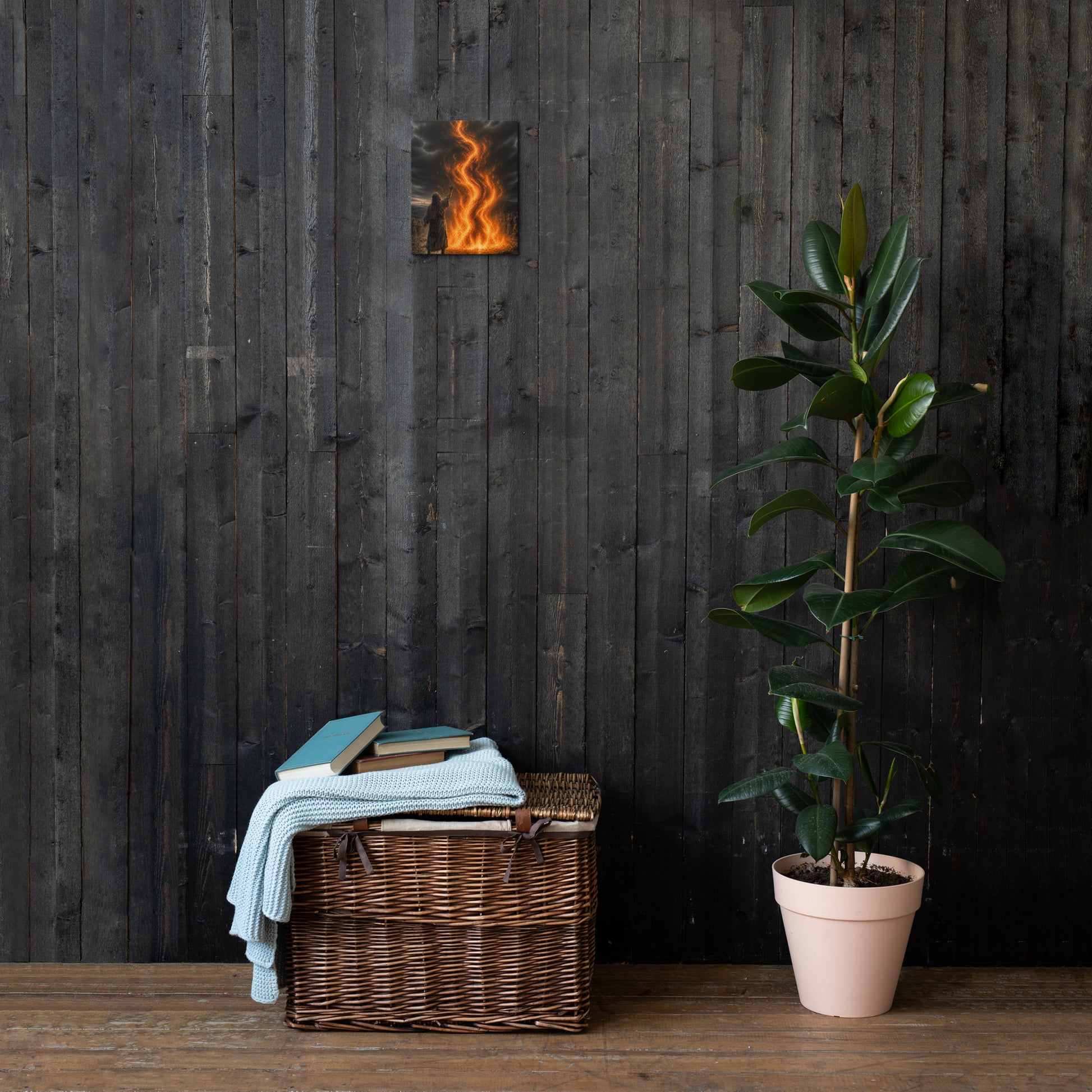 Fire from Heaven 1 Kings 18 Scripture canvas displayed on dark wood wall above basket and plant