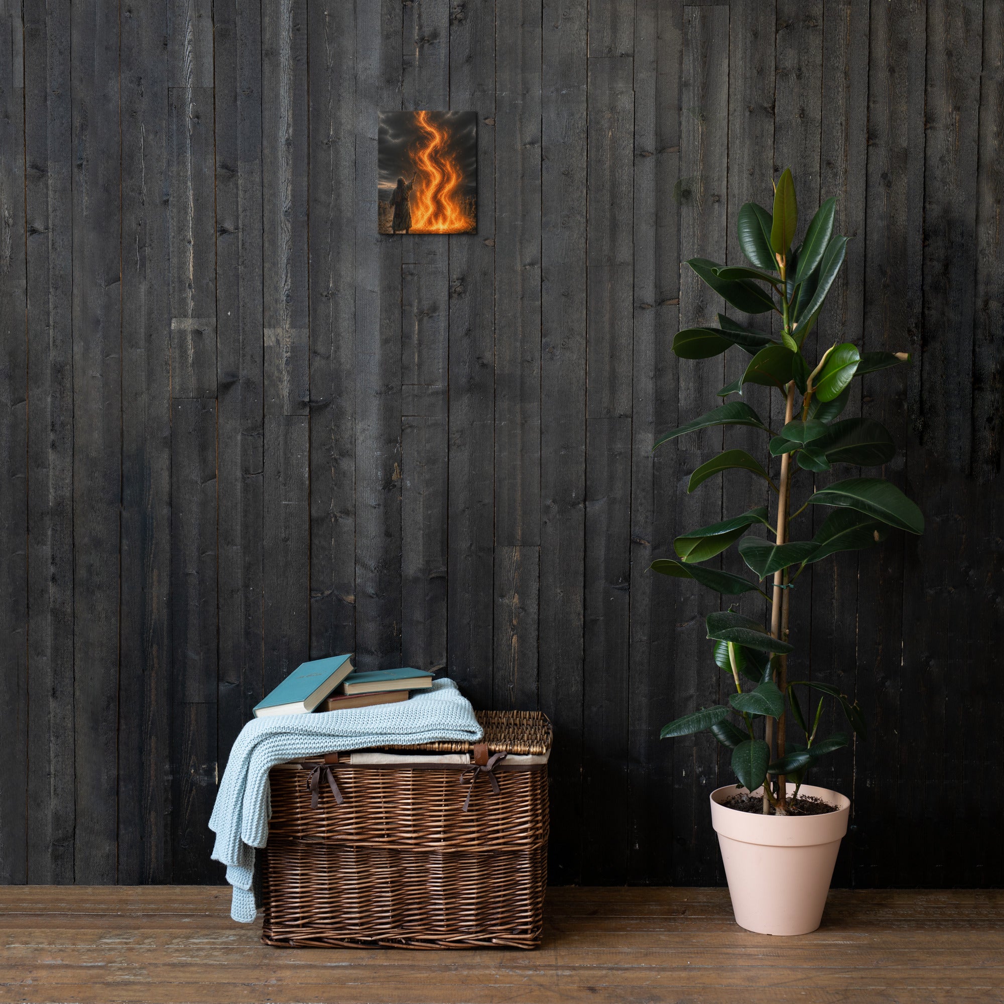 Fire from Heaven 1 Kings 18 Scripture canvas displayed on dark wood wall above basket and plant