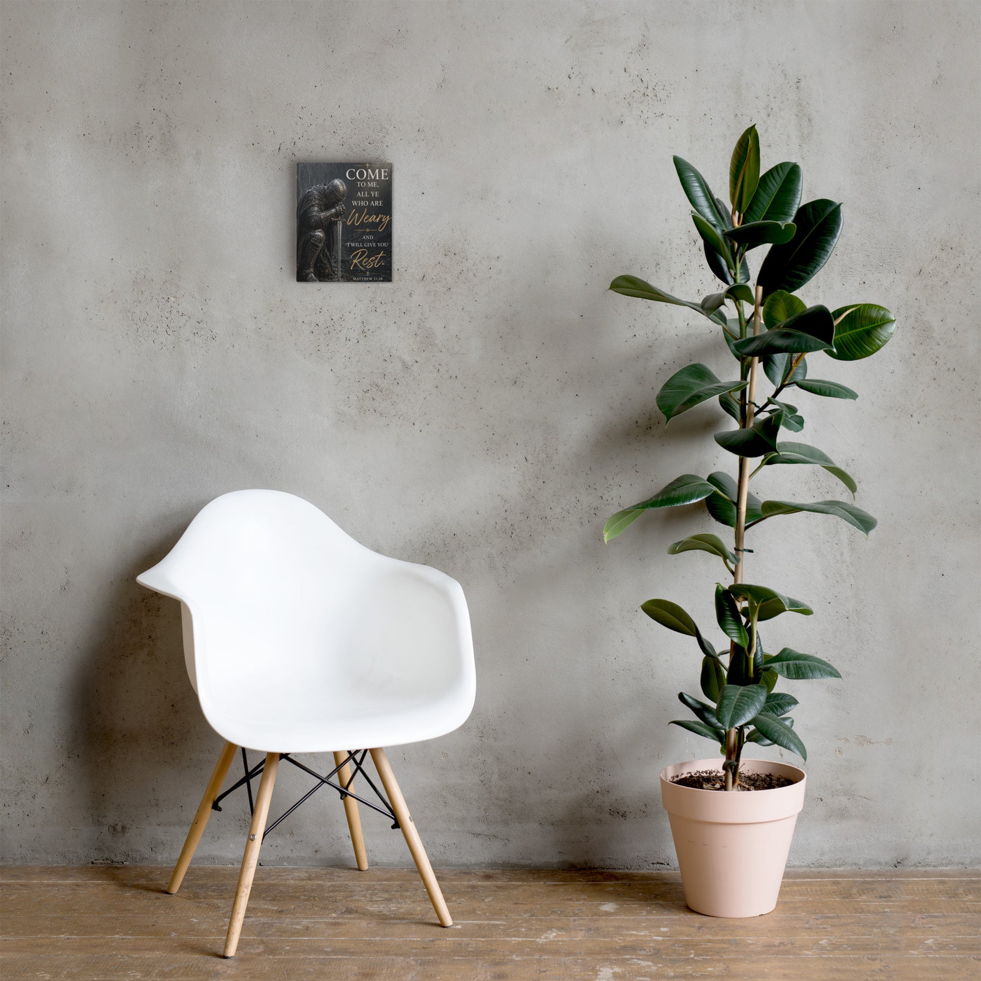 Kneeling knight Matthew 11:28 Christian canvas displayed small above white chair and plant