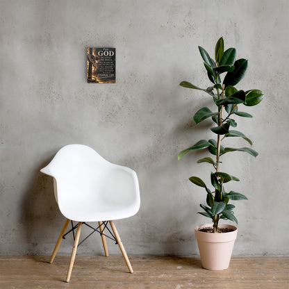 John 3:16 Bible verse canvas displayed small beside white chair and green plant