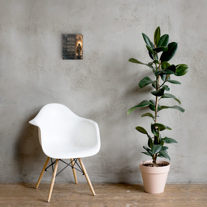 When You Pass Through the Waters Christian canvas displayed small beside white chair and green plant