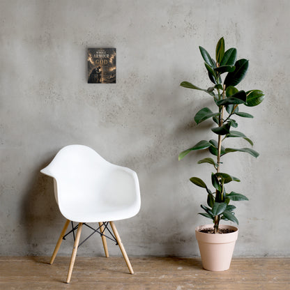 Armour of God Christian knight canvas displayed small beside white chair and green plant