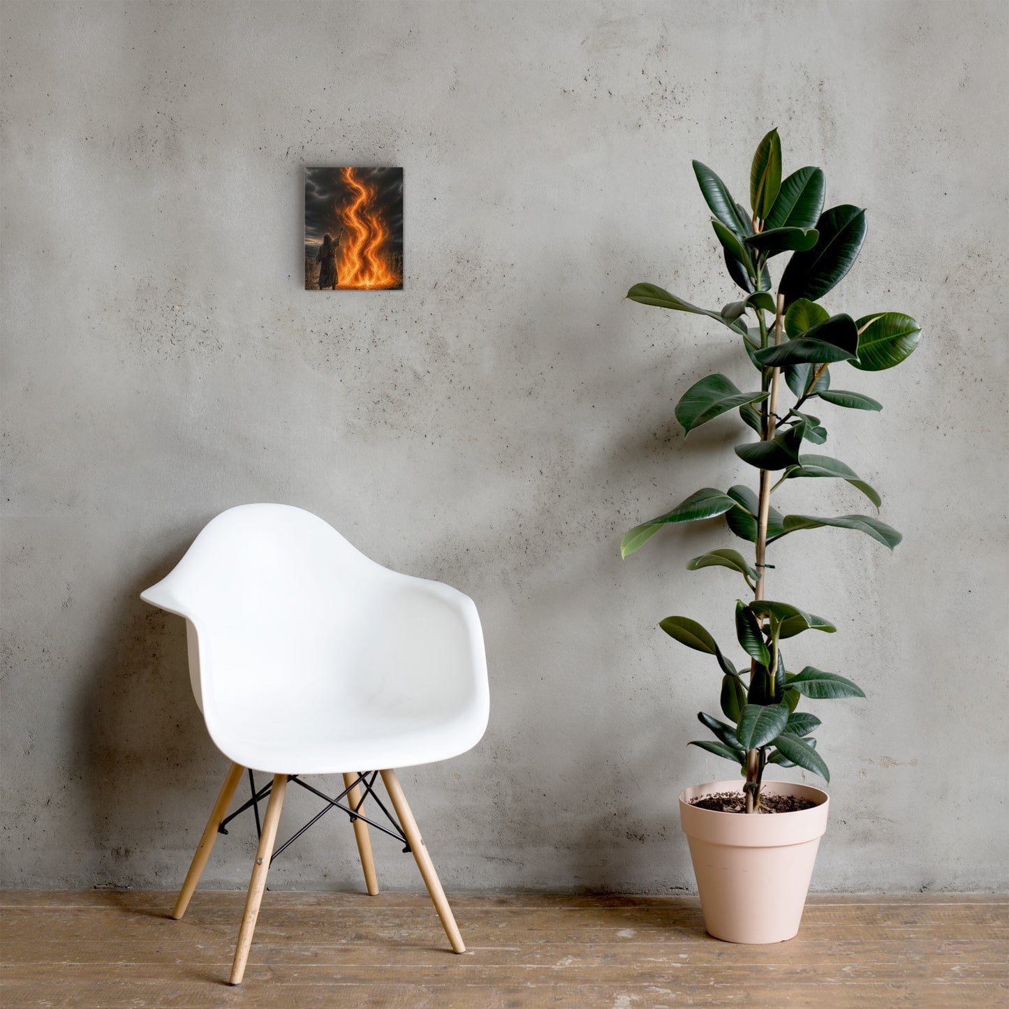 Elijah Mount Carmel Christian canvas displayed in neutral room with chair and plant