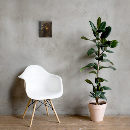 Passover blood-marked doorway Christian canvas displayed in neutral room with chair and plant