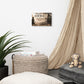 David and Goliath Christian battlefield canvas displayed above neutral bedroom decor