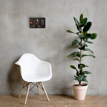 He Trains My Hands for War Christian canvas displayed beside white chair and green plant
